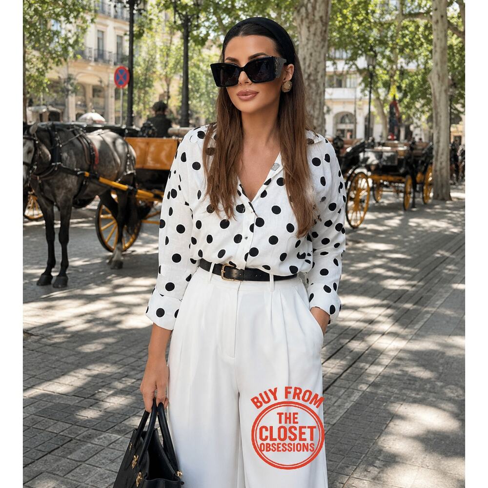 ZARA Polka Dot Linen Blend Oversized Shirt NWT French Girl Blouse - Picture 5 of 14
